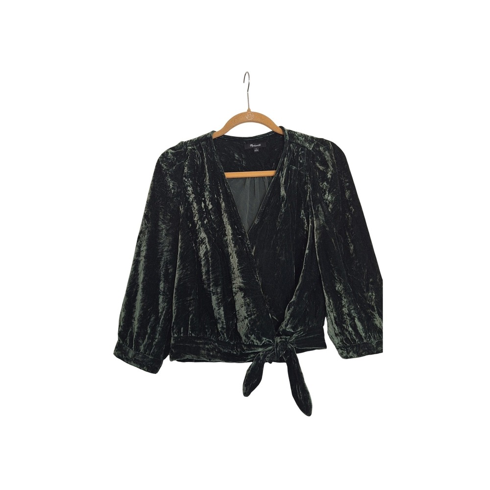 Madewell Forest Green Crushed Velvet Wrap Top 3/4 Sleeve Side Tie V-Neck Size M